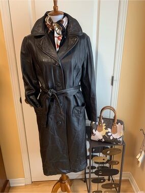 Vintage Leather Belted Trench Coat leather jacket